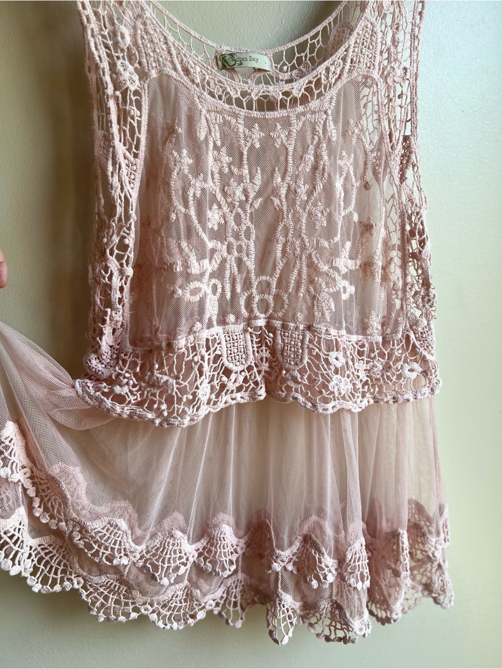 Urban Day Blush Pink Crochet Lace Mesh Tunic Top Size Large Boho Fairycore